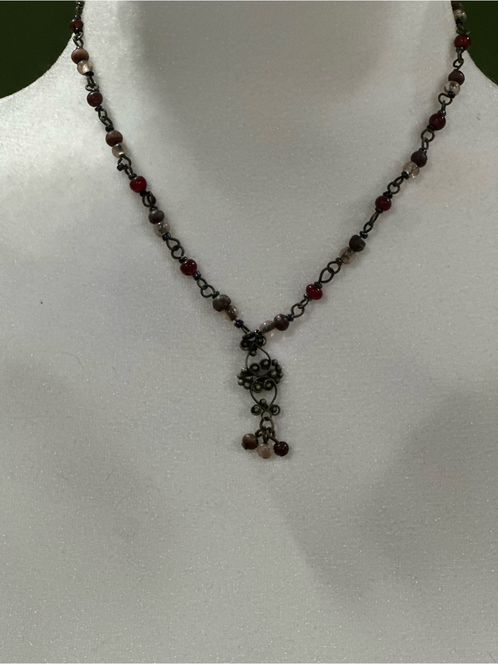 Premier Designs Red and Brown Beaded Filigree Pendant Necklace